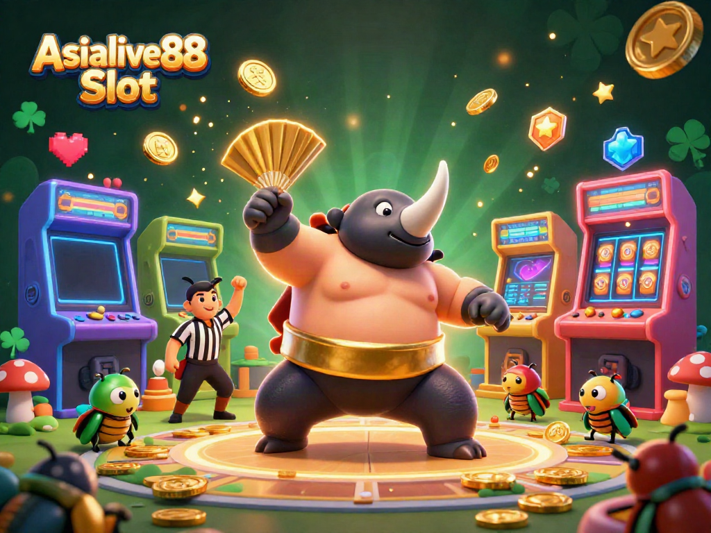 Witness the excitement of Asialive88 Slot with a dynamic beetle champion amidst flying coins and vibrant game elements.