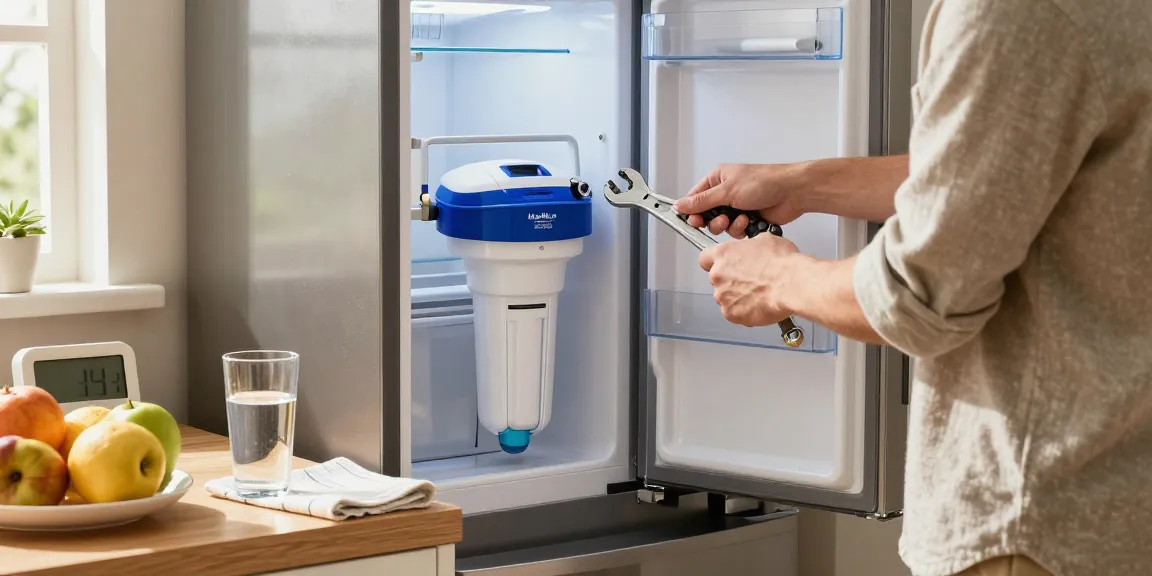 Person changing the Maxblue EDR3RXD1 Replacement for 4396841 filter in a bright kitchen.