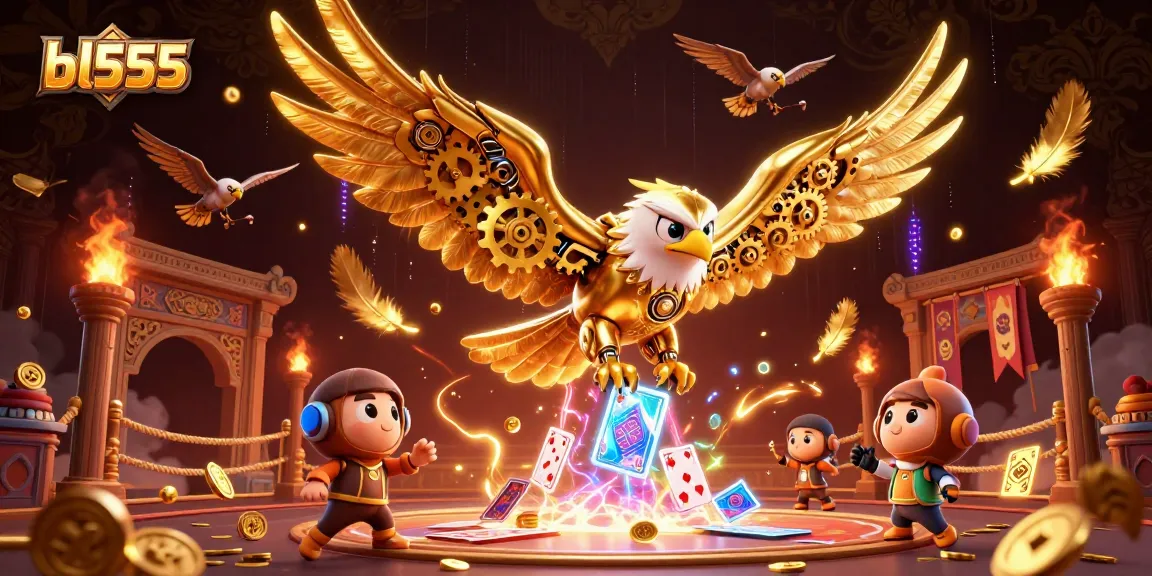 Engaging scene of bl555 with a cybernetic eagle soaring through holographic cards in an immersive casino environment.