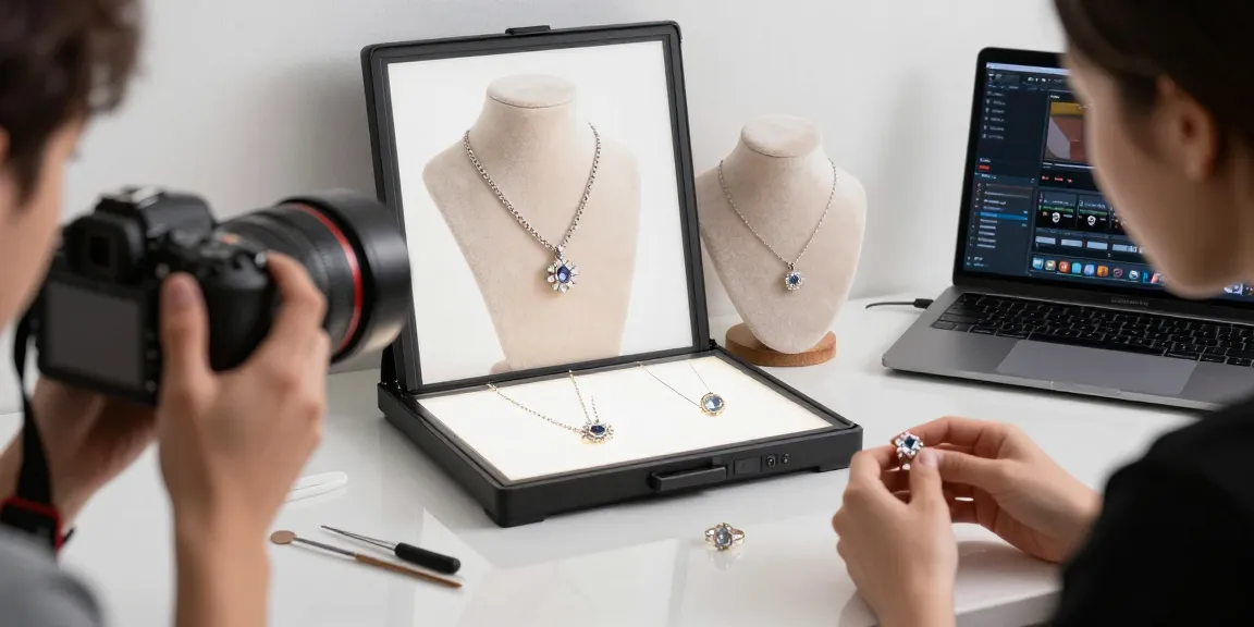 Fotografo gioielli Milano mentre cattura eleganti scatti di collane e anelli in studio.