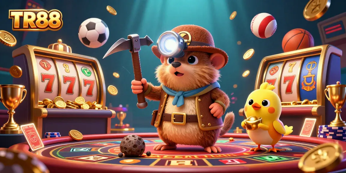 Win big with TR88 at this vibrant casino scene showcasing a treasure hunter and gaming elements.
