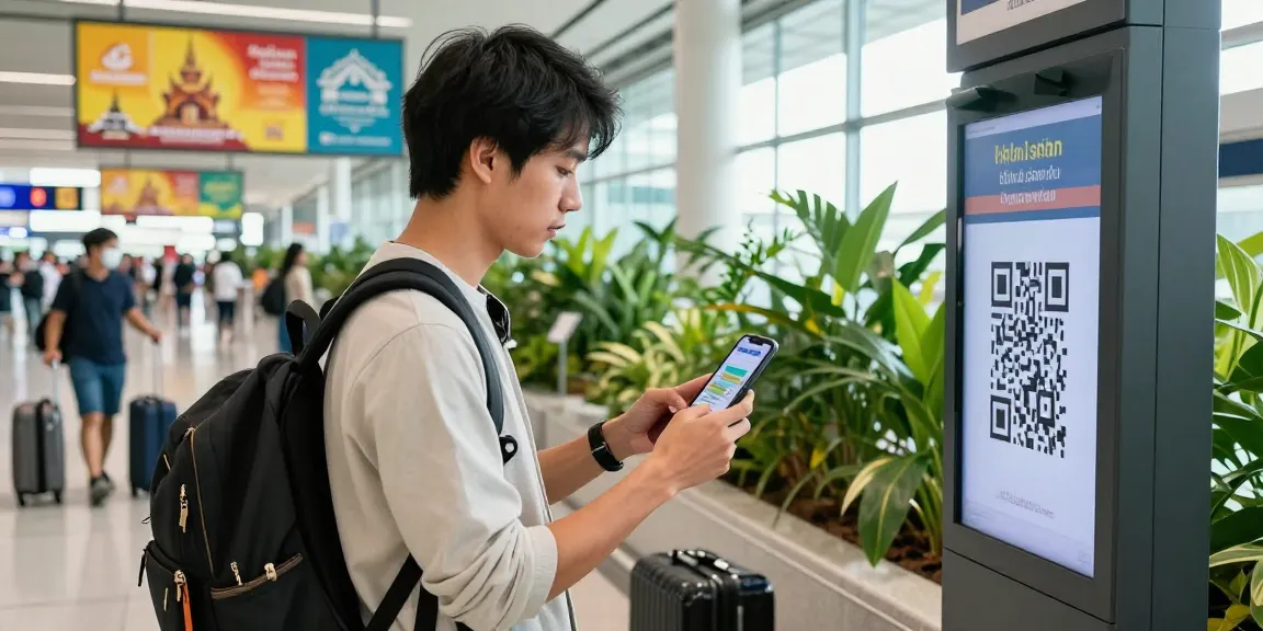 tdac Thailand QR code scanning at a vibrant airport, exciting travel atmosphere, and smooth arrival experience