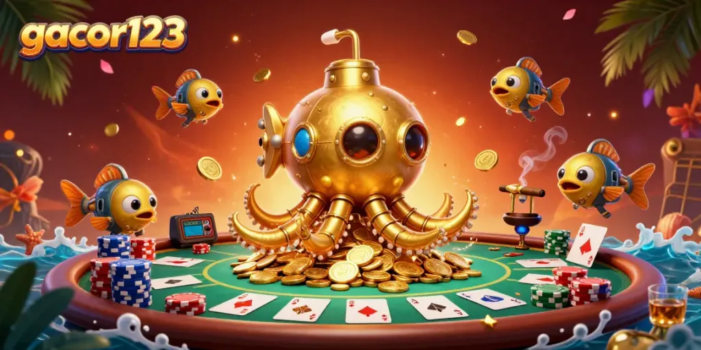 Engage with gacor123's vibrant poker adventure featuring a golden kraken submarine and playful mechanical fish.