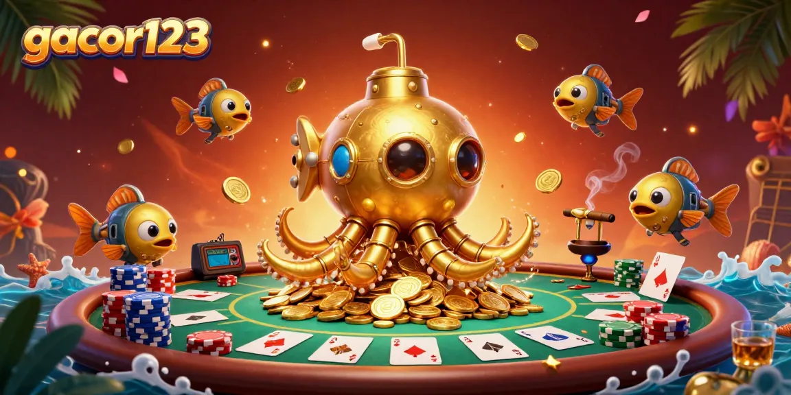 Engage with gacor123's vibrant poker adventure featuring a golden kraken submarine and playful mechanical fish.