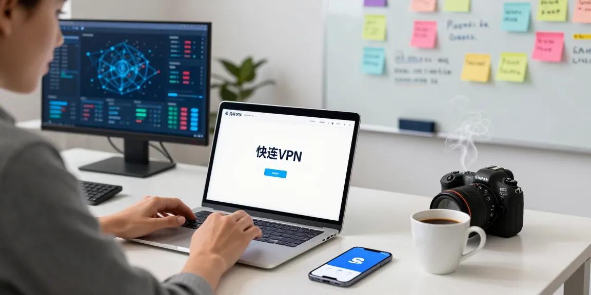 快连 VPN application displayed on a laptop in a modern workspace, highlighting innovative tech usage.