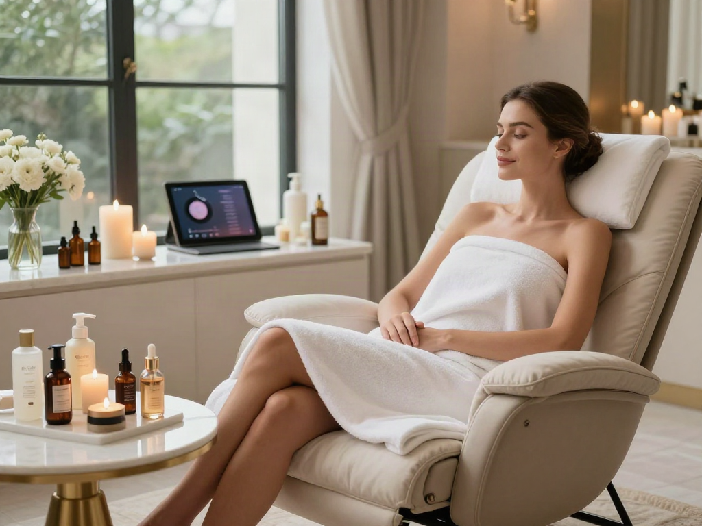 Pengalaman spa mewah di ruangan elegan dengan fokus pada luxury111, wanita relaks dengan produk kecantikan.