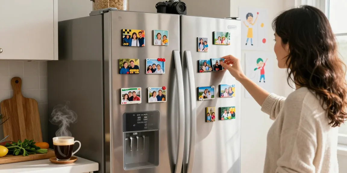 Colorful fridge magnets showcasing family memories on a stainless steel refrigerator in a sunny kitchen.