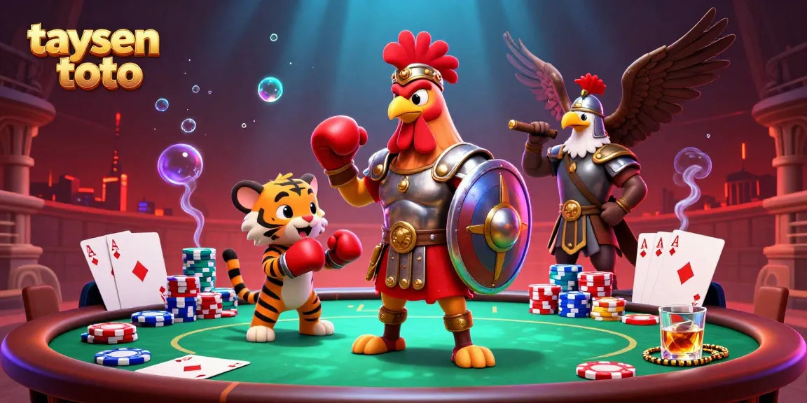 Play exciting games at taysen toto among colorful poker chips and championship symbols in a vibrant arena.