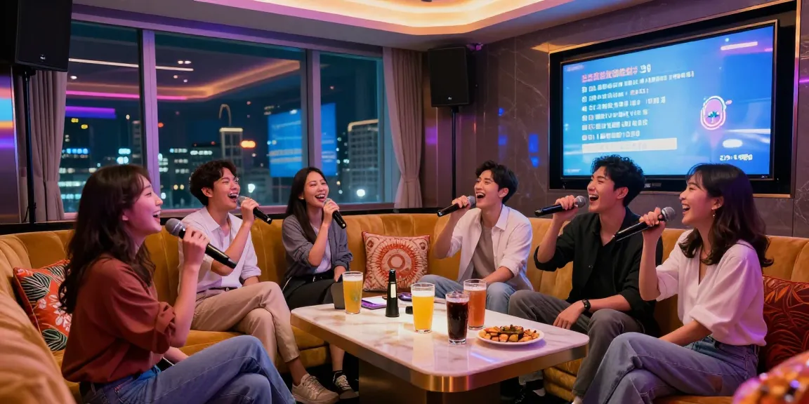 강남가라오케 friends enjoying a night of karaoke in a lively, neon-lit room