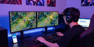 Engaged player performing an mlbb top up using GCash on a colorful gaming setup.