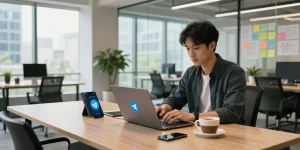 Access Telegram with a VPN in an urban workspace, showcasing modern technology.