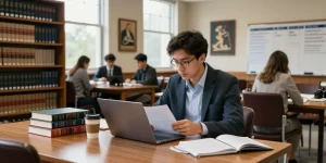 Law student Bradley Robinson Alabama studying in a library, surrounded by textbooks, creating a focused atmosphere.