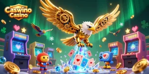 Experience excitement at Caswino Casino with a golden eagle soaring through vibrant holographic playing cards.