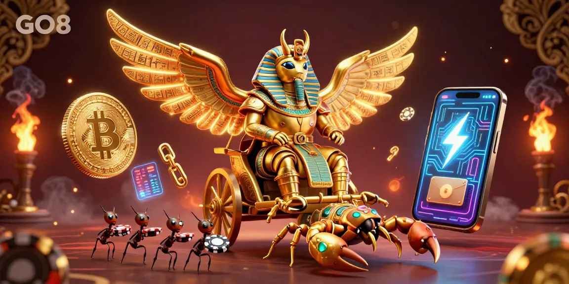 Engage with GO8's thrilling gaming experience featuring a golden scarab and cryptocurrency elements.