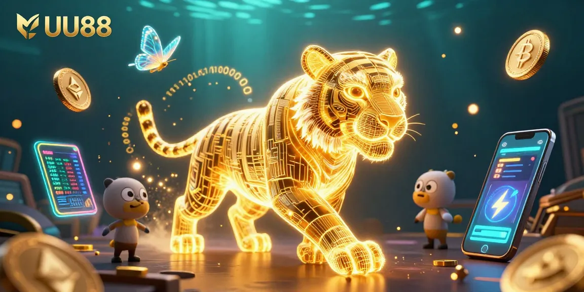 Experience the thrill of UU88 casino gaming with neon-wireframe tiger in a digital landscape.