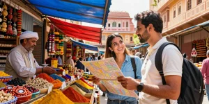 Experience the vibrant culture of Jaipur with a Tour and Travels Agency Jaipur as a traveler explores a local market filled with colorful goods and friendly vendors.