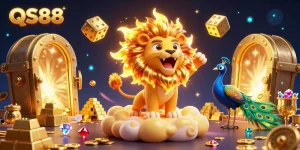 Experience the thrill of QS88 as a sun lion roars in a vibrant casino world filled with treasure and excitement.
