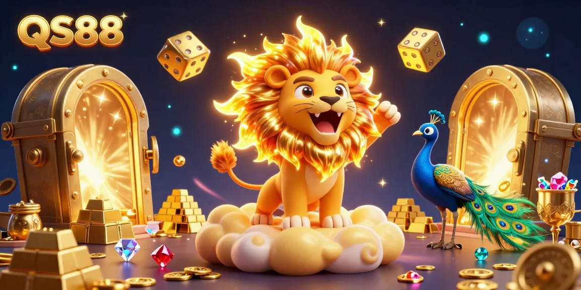 Experience the thrill of QS88 as a sun lion roars in a vibrant casino world filled with treasure and excitement.