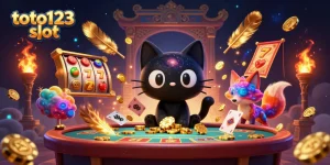 Engage with the exciting world of toto123 slot as a cosmic cat magically pulls in golden chips and cards.