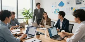 Enhance your business communication with a modern מרכזיה לעסקים solution in a collaborative meeting environment.