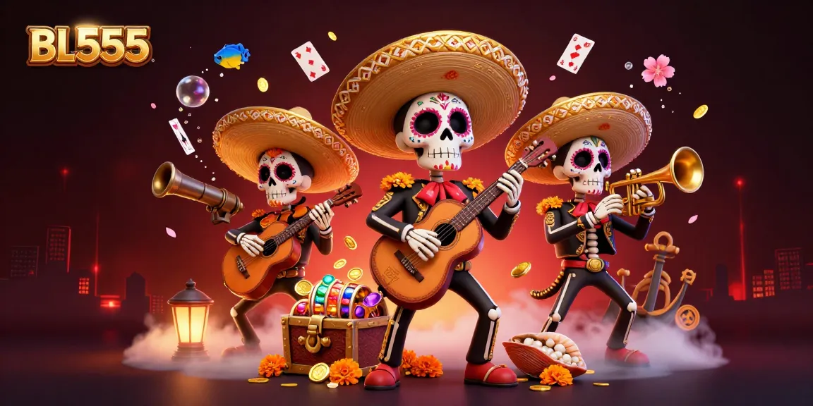 Play thrilling games at BL555 with a vibrant scene featuring a mariachi band amidst lively casino elements.