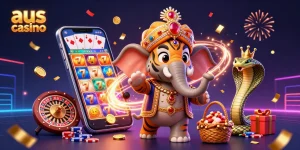 Engage with the vibrant aus casino scene, featuring a royal maharaja tiger on an elephant, surrounded by slot games and celebration.