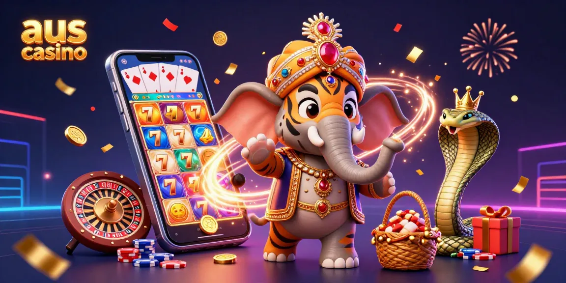 Engage with the vibrant aus casino scene, featuring a royal maharaja tiger on an elephant, surrounded by slot games and celebration.