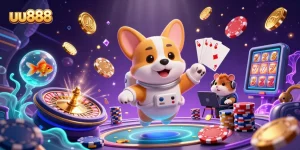 Play exciting games with uu888 in a dynamic casino scene filled with vibrant elements and characters.