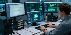 Expert examining data to recover lost crypto in a high-tech forensic lab.