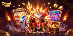 Dhani win gaming scene with Neptune, slot machines, and vibrant casino elements featuring rewards and excitement.