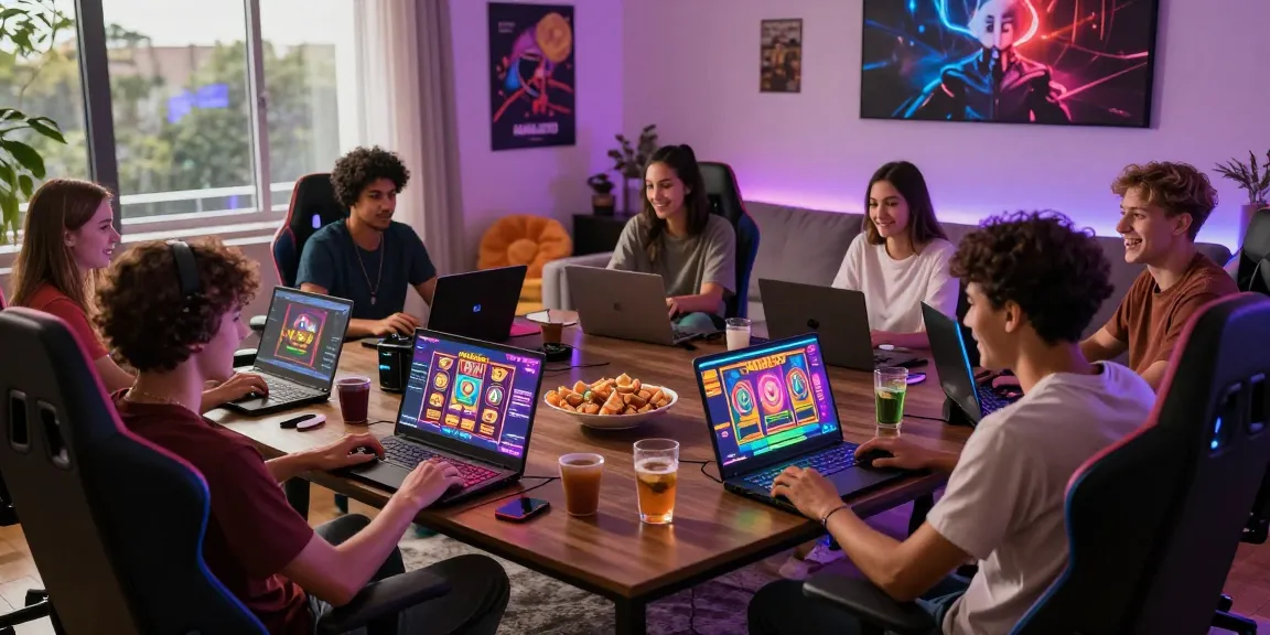 Engaged gamers enjoying HAHA178 online slot music experience in lively living room.