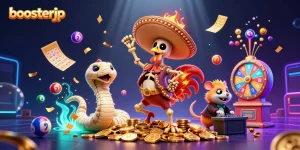 Mainkan slot seru di boosterjp dengan ilustrasi kartun kasino penuh warna dan jackpot emas.