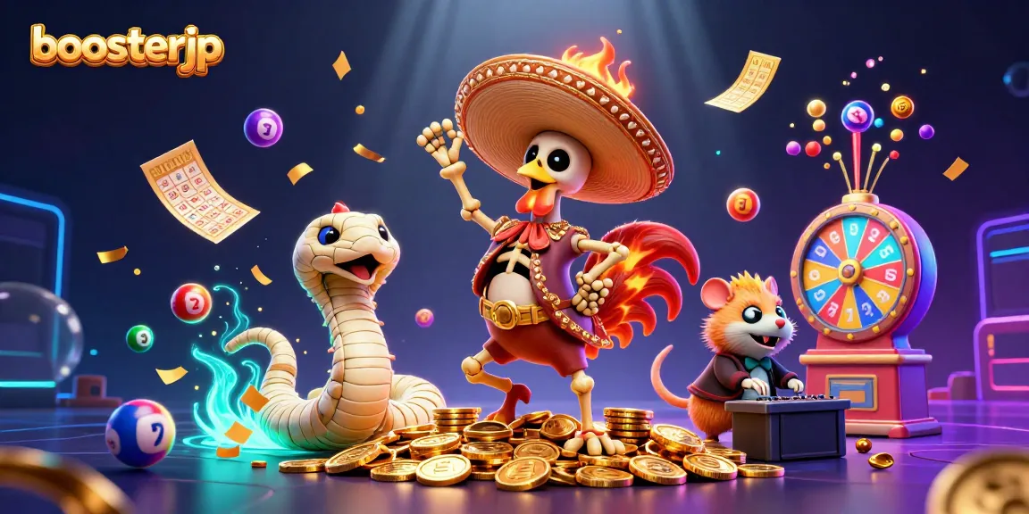 Mainkan slot seru di boosterjp dengan ilustrasi kartun kasino penuh warna dan jackpot emas.