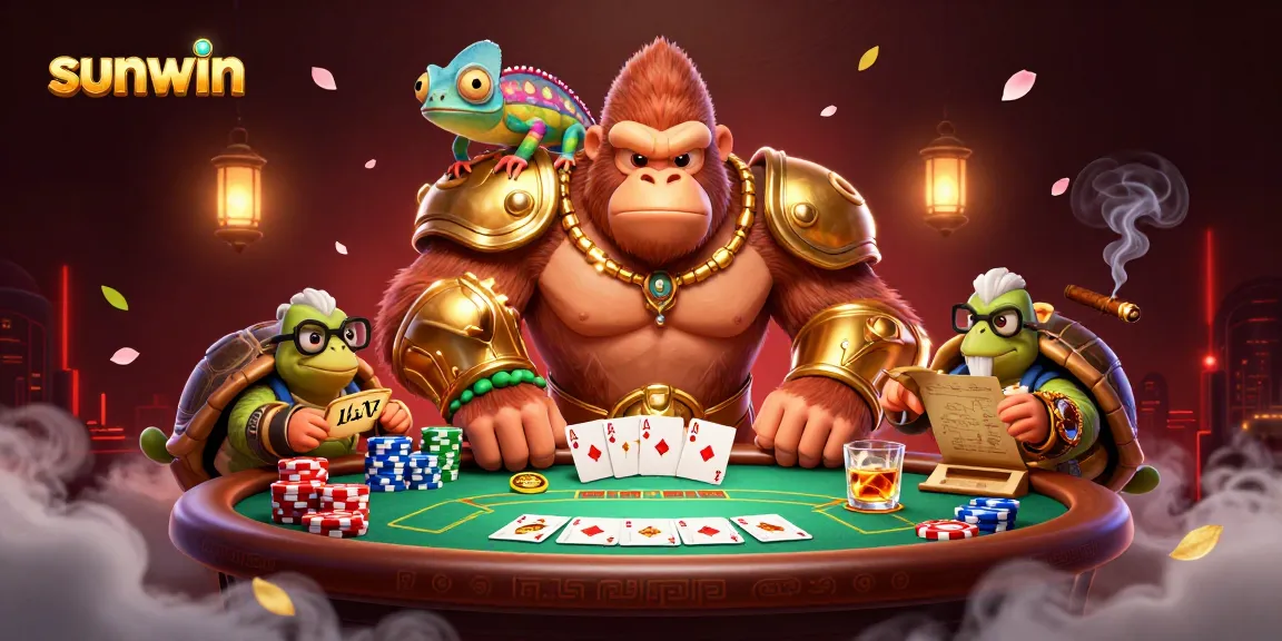 Experience thrilling gameplay at sunwin with a vibrant casino scene featuring poker elements and animated characters.
