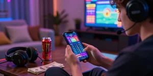Pengguna Diana4D terlibat dalam permainan toto online dengan smartphone, suasana ceria dan aksesori gaming di sekitar.