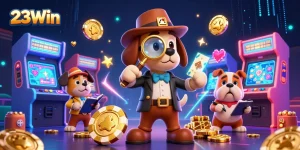 23Win elevates excitement as a detective discovers treasures along paw-print clues in a vibrant casino.