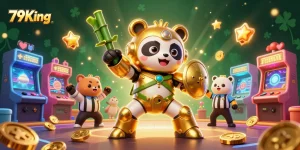 79King gaming experience with golden panda fighting robot amid vibrant casino elements.