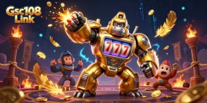 Gsc108 Link menghadirkan ilustrasi 3D mekanik gorila emas yang mengagumkan dalam arena permainan slot yang penuh koin dan efek asap.