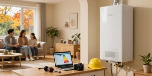 Expert boiler repair in Belfast with a qualified technician ensuring efficiency for customers in a cozy living room.