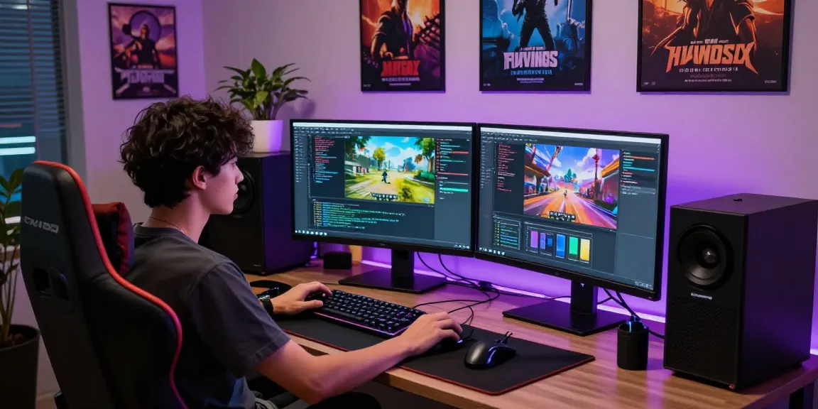 Developer creating FiveM ESX Scripts in a vibrant workspace with gaming elements and multiple monitors.