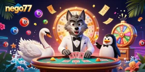 Experience the excitement of nego77 with a glamorous 3D casino scene showcasing unique characters around dynamic gambling elements.