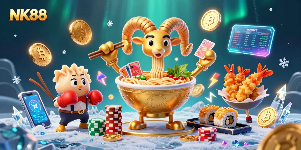 NK88 illustrates a lively scene with a golden ramen bowl dealer managing cards and chips amidst crypto elements.