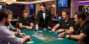 Baccarat Online table scene with players placing bets in a live casino.