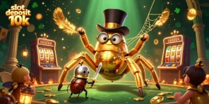 Menangkan slot deposit 10k dengan grafik menawan dan karakter kartun di latar kasino.