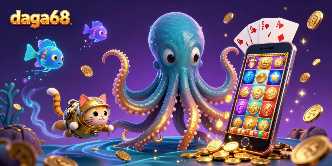 Dive into the action with daga68, featuring a dynamic kraken and diving cat amidst thrilling slot games.