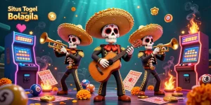 Situs Togel Resmi Bolagila mengajak pemain merasakan keseruan lotere dengan karakter skeleton mariachi berwarna cerah.