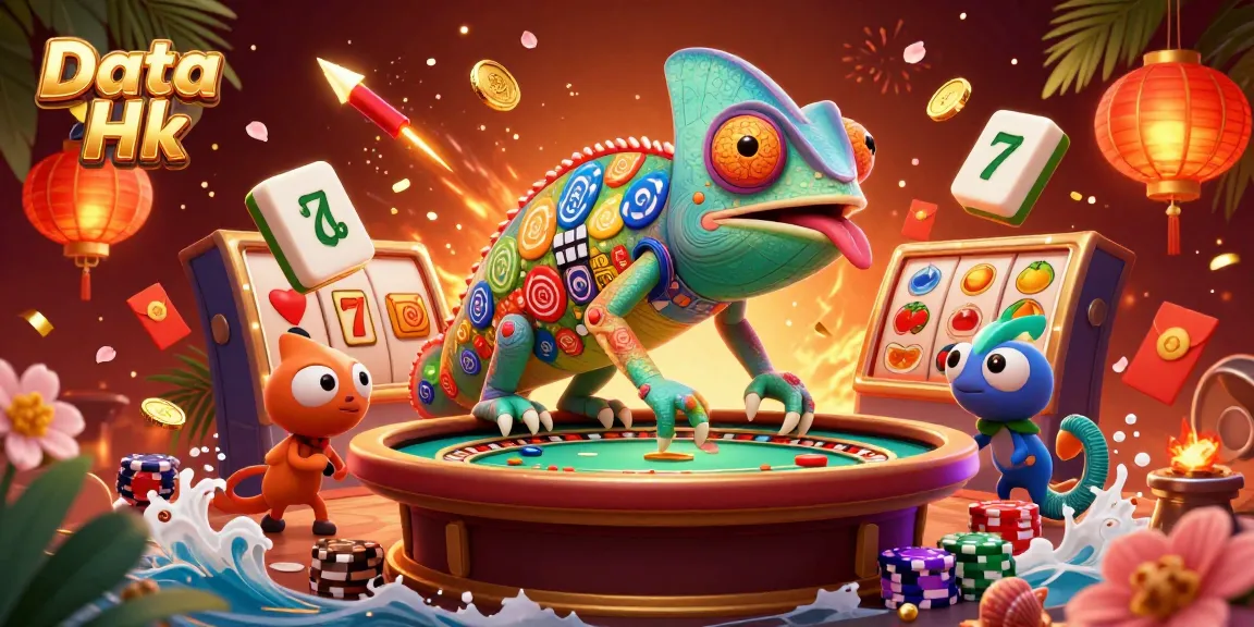 Engage in thrilling casino action with Data Hk, featuring vibrant slot reels and a lively chameleon owner.