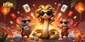 Experience winning at LC88 with animated casino elements and characters in a captivating scene.