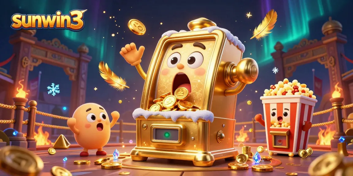 sunwin3 showcases a vibrant 3D jackpot scene, featuring cheerful slot machines celebrating a big win.