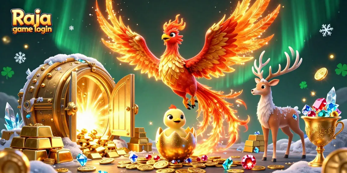 Experience thrilling Raja game login action with vibrant graphic elements of fire phoenix, treasure, and gaming motifs.